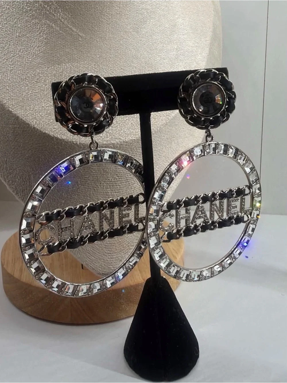 CHANEL Silver Crystal Hoop Logo Clip on Drop Earrings